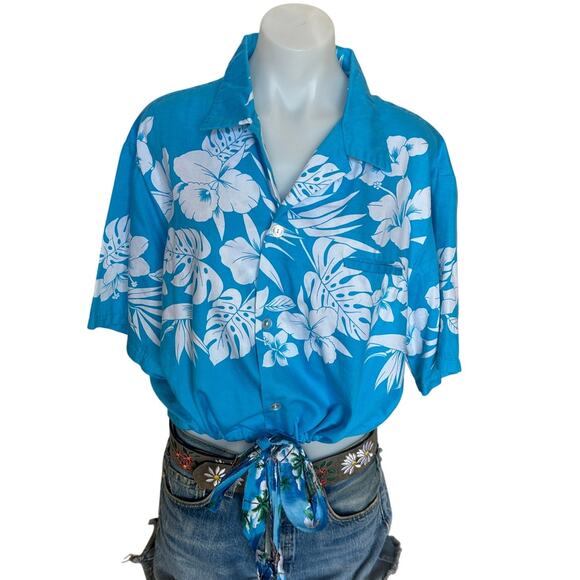Hawaiian Shirt Button Down Crop Top One Size Oversized Hibiscus Turquoise Unique - Picture 1 of 7